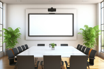 Mockup on the background of a wall in a company or corporate conference room. Marketing, finance, remote work and telework. Great concept for office design, advertising and promotion.