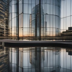 A symmetrical reflection of a modern glass skyscraper in a still pond1