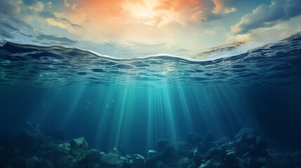 underwater scene with bubbles scene with sun rays Generate AI - obrazy, fototapety, plakaty