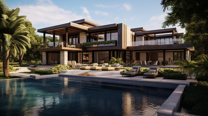 Fototapeta premium Beautiful evening exterior of a large modern home with glowing interior lighting and landscaping