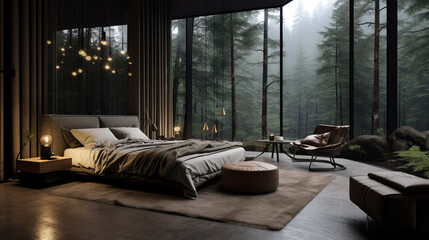 Interior of a luxurious bedroom with black and gray walls and double bed, beautiful view from the window
