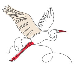 flying crane continuous line drawing, sketch on white background vector