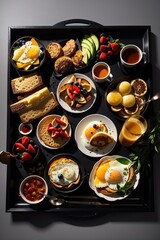 suit of healthy breakfast meal in dark tray, generated by ai