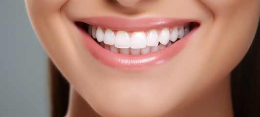 Obraz premium Banner with close-up of a beautiful smiling woman with white perfect teeth isolated on dark black