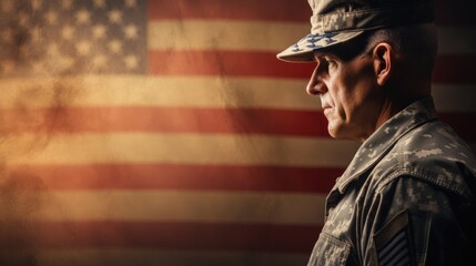 Veterans Day. a U.S. national holiday, Memorial Day and Armistice Day. Pride and patriotism, soldier, for banner and text. American flag, retired soldier . - obrazy, fototapety, plakaty