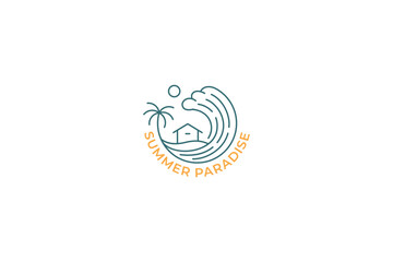 Holiday Summer Paradise Tropical Palm Tree Wave Beach Cottage Logo Badge