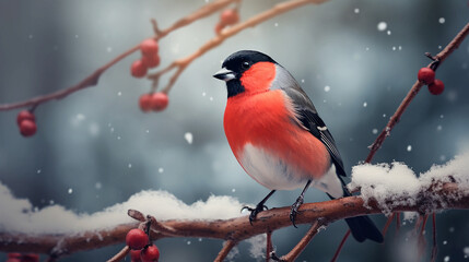 bullfinch bird with red chest on a snow-covered rowan branch, Christmas illustration