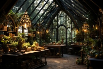 Fairy tale or magic medieval Greenhouse with cinematic lighting. Big windows. Like in Hogwarts
