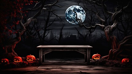 halloween pumpkin beside the table. dark night forest full moon. halloween silhouette abstract background