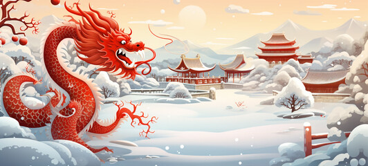 Obraz na płótnie Canvas Illustration with Chinese red dragon in watercolor style, Chinese New Year