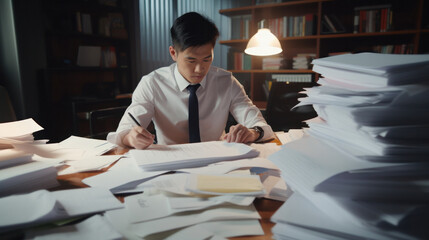 Asian Businessman: Overwhelmed at Work, Desk Buried in Documents.
