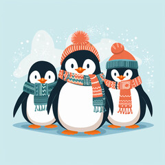 Fototapeta premium group of adorable penguins wearing scarves, Christmas children's illustration