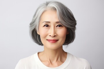Fototapeta premium Pretty asian mature female with perfect face skin, gray hair smiling advertising skincare cosmetics