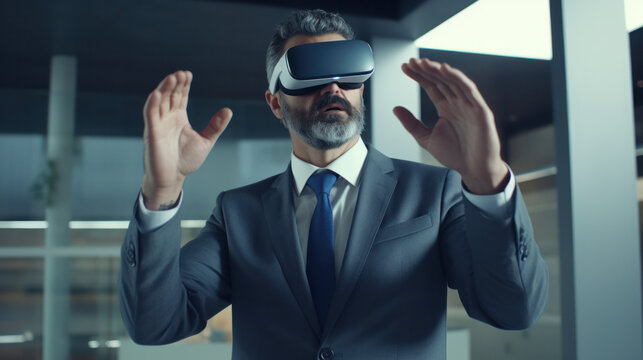 VR Demo: Mature Businessman in Office - Embracing Futuristic Technology with Virtual Reality Glasses.