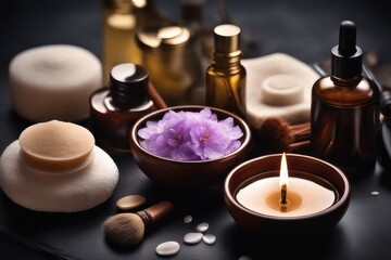Spa still life with aroma oil, towel and candles on wooden background
