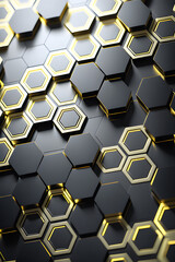 abstract black hexagon pattern on gold neon background technology style. ai generative