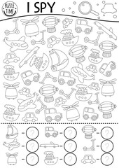 Transportation I spy black and white game for kids. Searching and counting line activity with plane, car, ship, scooter, airship. Air, water, land transport printable worksheet, coloring page, puzzle.