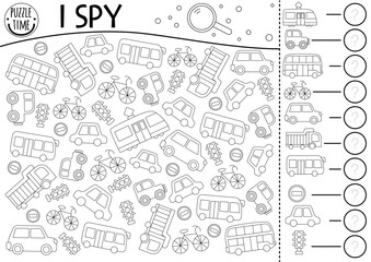 Transportation I spy black and white game for kids. Searching and counting line activity with car, bus, tram, taxi, truck, traffic lights, road signs. City printable worksheet, coloring page, puzzle.