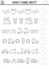 What comes next. Transportation black and white matching activity with plane, car, scooter, train, boat, bus. Air, water, land transport logical worksheet or coloring page. Continue the row game.