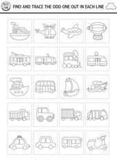 Find the odd one out. Transportation black and white logical activity for kids. Water, air, land, public transport educational quiz worksheet or coloring page. Printable game with car, bus, train
