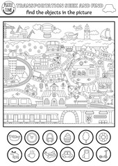 Vector transportation searching black and white game with city landscape with roads, car, metro. Spot hidden objects coloring page. Water, air, land transport seek and find activity for kids