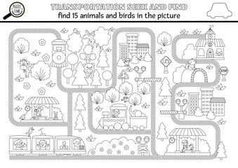 Vector transportation searching black and white game with city landscape, rails, trains. Spot hidden animals, birds coloring page. Simple railroad transport seek find printable activity for kids