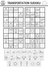 Vector transportation sudoku black and white puzzle for kids. Simple transport quiz with cut and glue elements. Education activity or coloring page with car, bus, plane. Draw missing object.