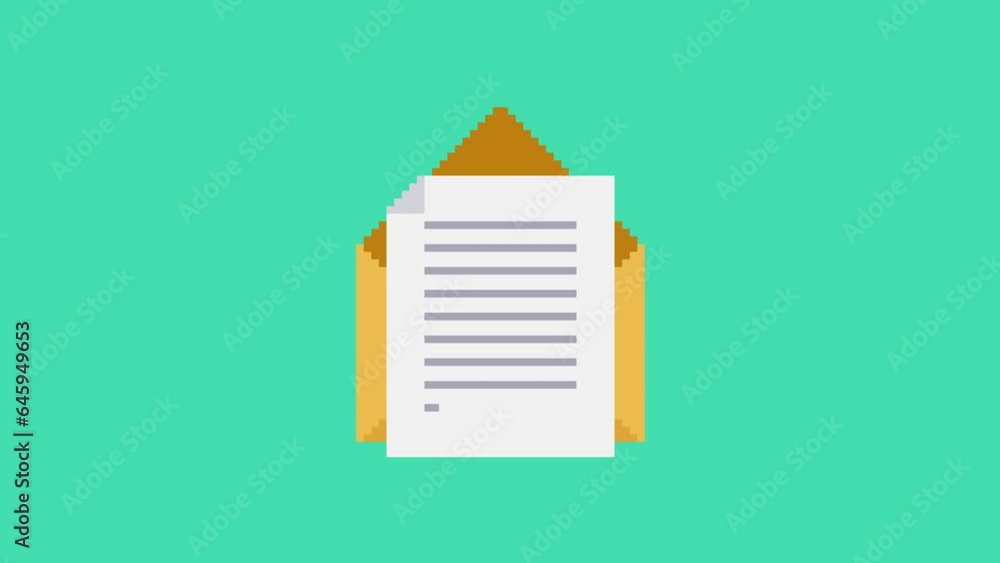 Poster a pixel art animation of an yellow envelope opening. a document slides out of the envelope and notes