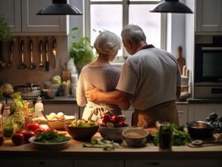 rear view of senior couple cooking together in the kitchen at home