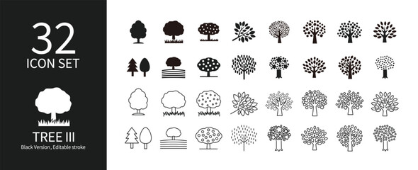 Set of icons of trees and forests of various shapes