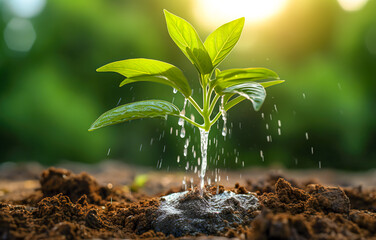 Agriculture. Watering one green sprout in the soil field. Water drops for irrigation. Concept of agriculture, green sprout is watered by raindrops. Sprout grows in the soil. ecology concept. 	