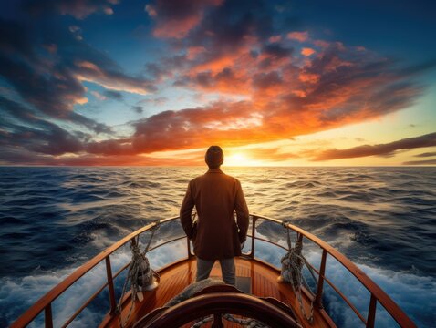 one man standing on the deck of a ship and watching sunrise