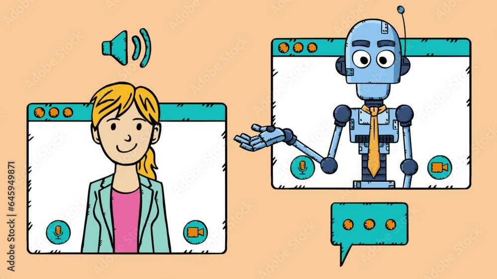 Poster animation depicting a conversation with a female customer with artificial intelligence costumer supp