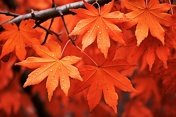 Autumn leaves with water drops. Fall, temperature changes, and beauty in nature. Faded red and orange color autumn Wallpaper Image.