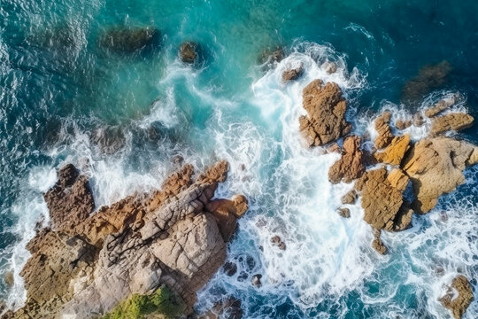 Illustration of a coastline, composed as if shot by a drone from above. Beautiful seaside city nature, reefs, ocean waves.