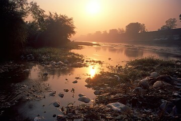 Environmental crisis. Pollution in rivers and lakes. Plastic waste threatens nature beauty. Garbage in waters