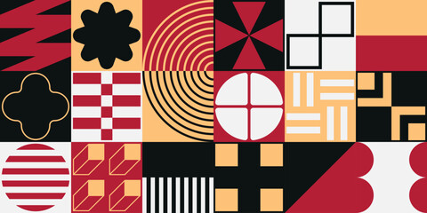 Set Of Swiss Design Inspired Background Vector Illustration. Cool Geometric Abstract Modernist Placard. Avant-garde Geometrical Illustration. Contemporary Art Bauhaus Shapes.