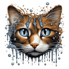 A surreal coffee cat t-shirt design showcasing a cat's reflection in a coffee puddle, Generative Ai