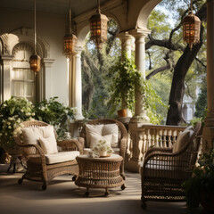  A vintage-inspired porch featuring antique wicker 
