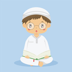 Muslim boy reading Quran character vector. cute Muslim boy in white clothes and wearing glasses, holding and reading Quran.