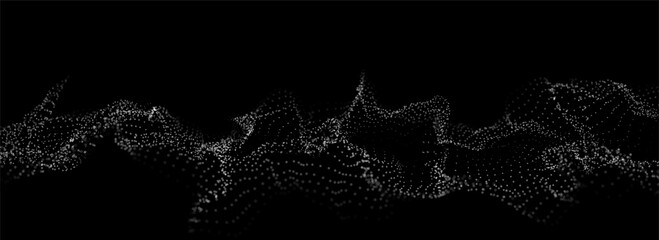 Futuristic digital wave. Dark cyberspace. Abstract vector wave with dots. White moving particles on background.