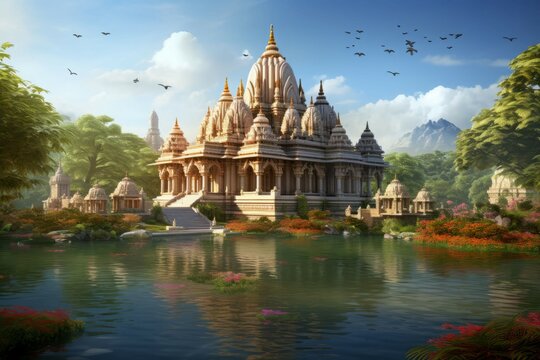 Big indian temple near lake. Generate Ai