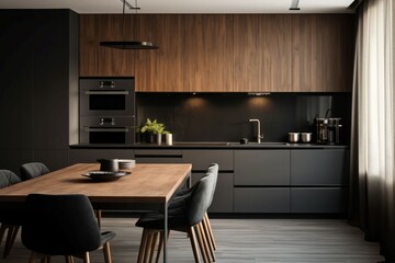 Kitchen stove hood with microwave appliance. Generate Ai