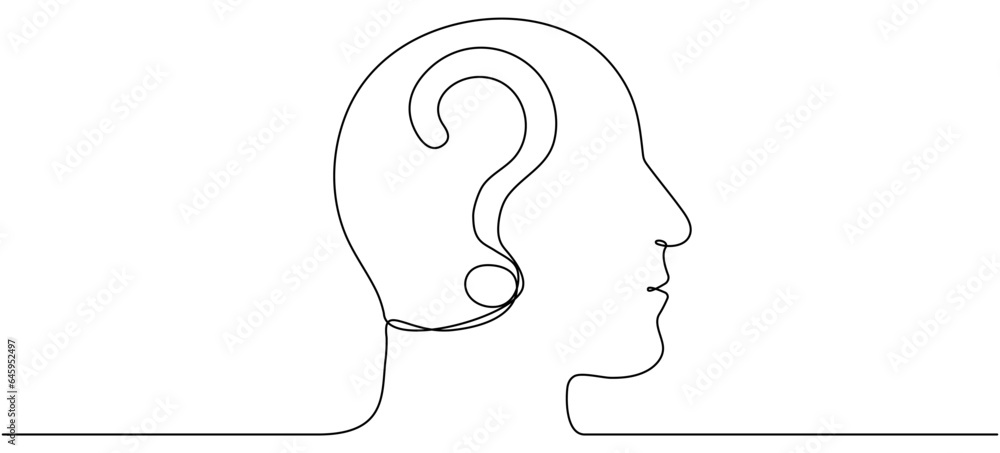 Poster continuous line drawing head with question mark. thinking linear symbol. brainstorming concept. vect