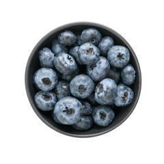 Fresh organic blueberries ina black ceramic bowl topv view isolated on white