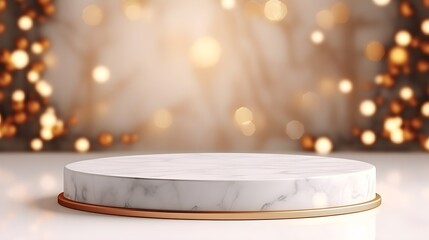 Round white marble podium at the light Christmas festive background with soft bokeh.