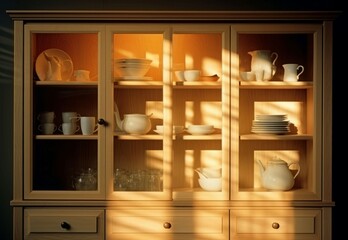 Light wooden cabinet full of dishes. Generate Ai
