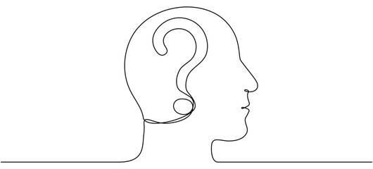 Continuous line drawing head with question mark. Thinking linear symbol. Brainstorming concept. Vector illustration isolated on white.