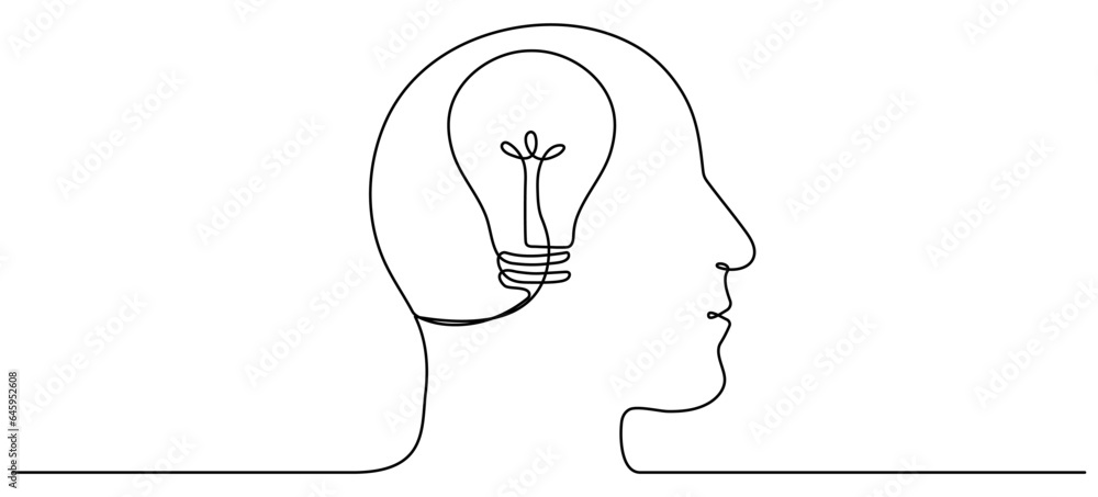 Poster continuous line drawing head with light bulb. thinking linear symbol. create idea concept. vector il