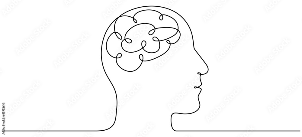 Aufkleber continuous line drawing head with brain. thinking linear symbol. mental health concept. vector illus